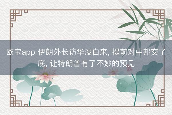 欧宝app 伊朗外长访华没白来， 提前对中邦交了底， 让特朗普有了不妙的预见
